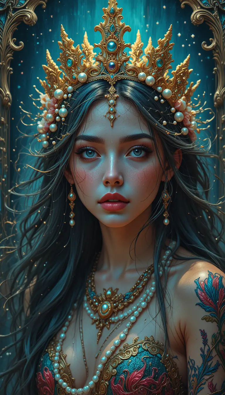Bioluminescent Mermaid Queen Portrait With Pearl Crown