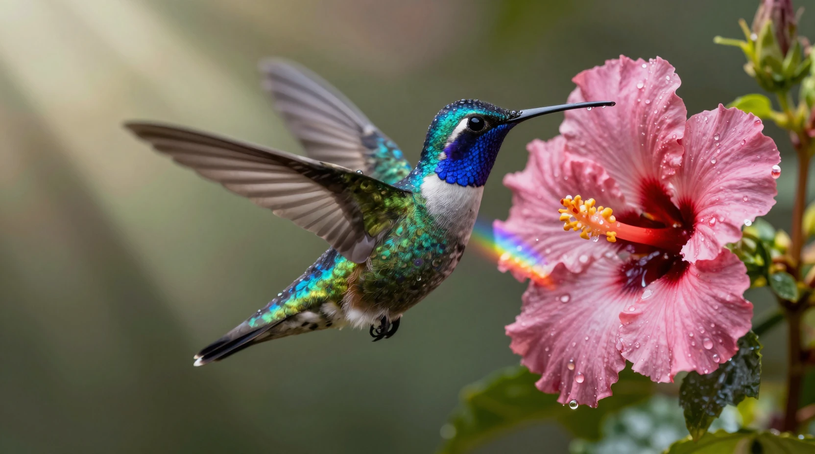Sapphire throated hummingbird hovering by hibiscus in sunlight