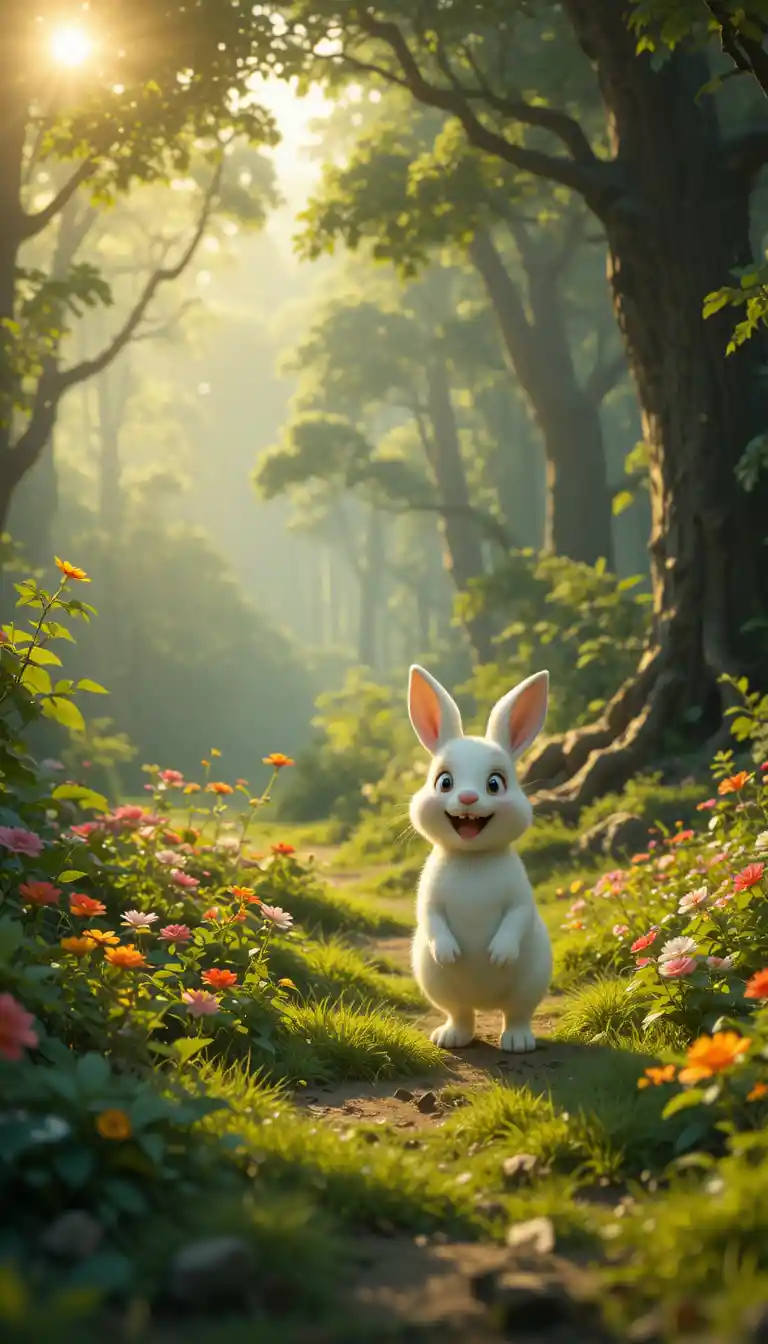 Cute white rabbit in a lush magical forest