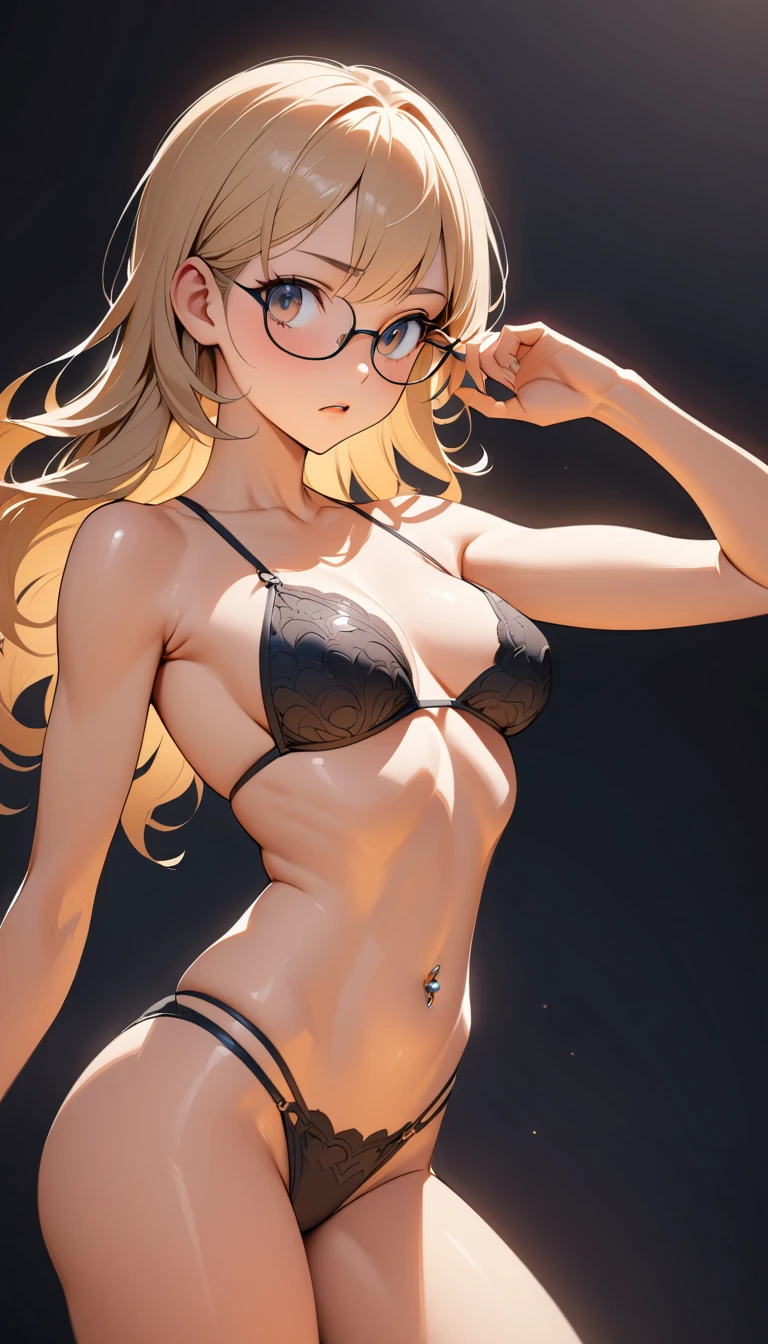 Surprised blonde woman in black lace bikini looking down