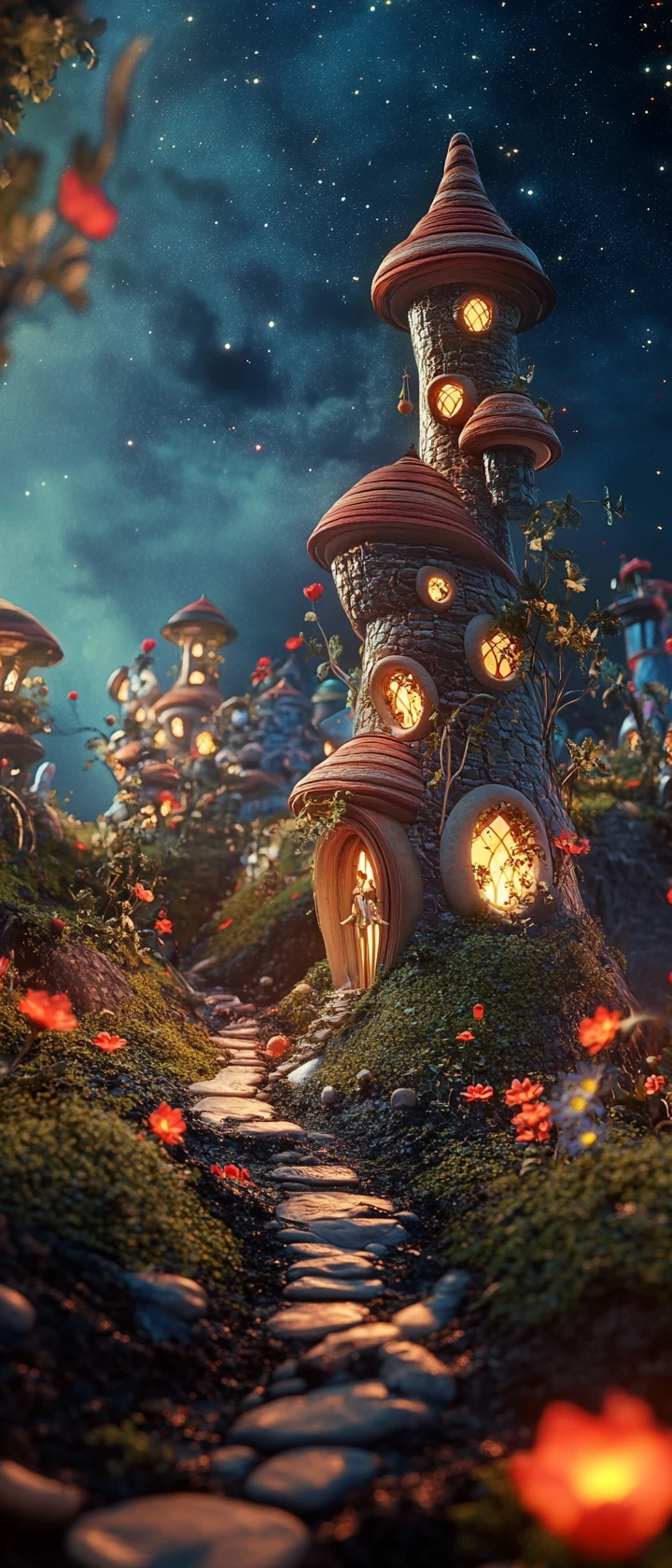 Bright surreal landscape with whimsical artistic details