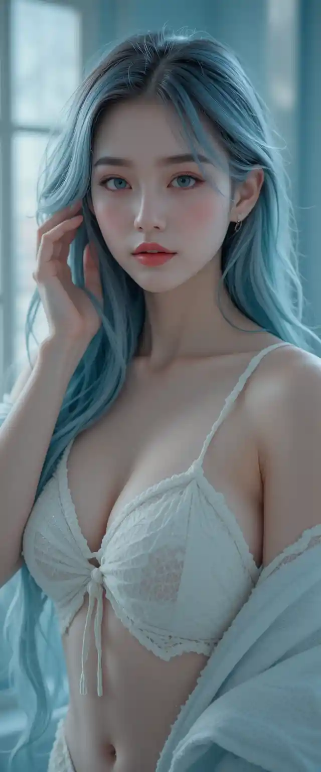 Korean woman with cyan hair and bitten red lips portrait