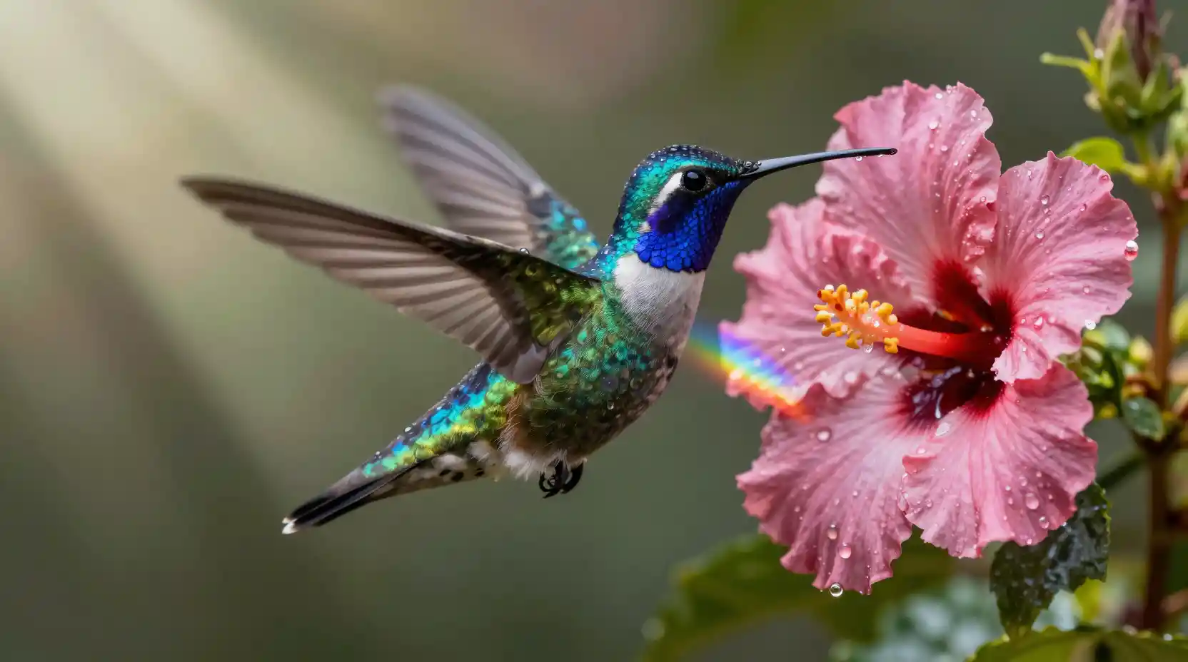 Sapphire throated hummingbird hovering by hibiscus in sunlight