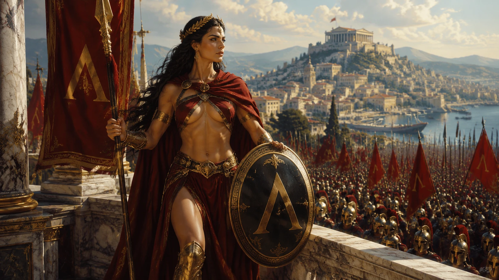 Spartan queen warrior woman with spear and shield