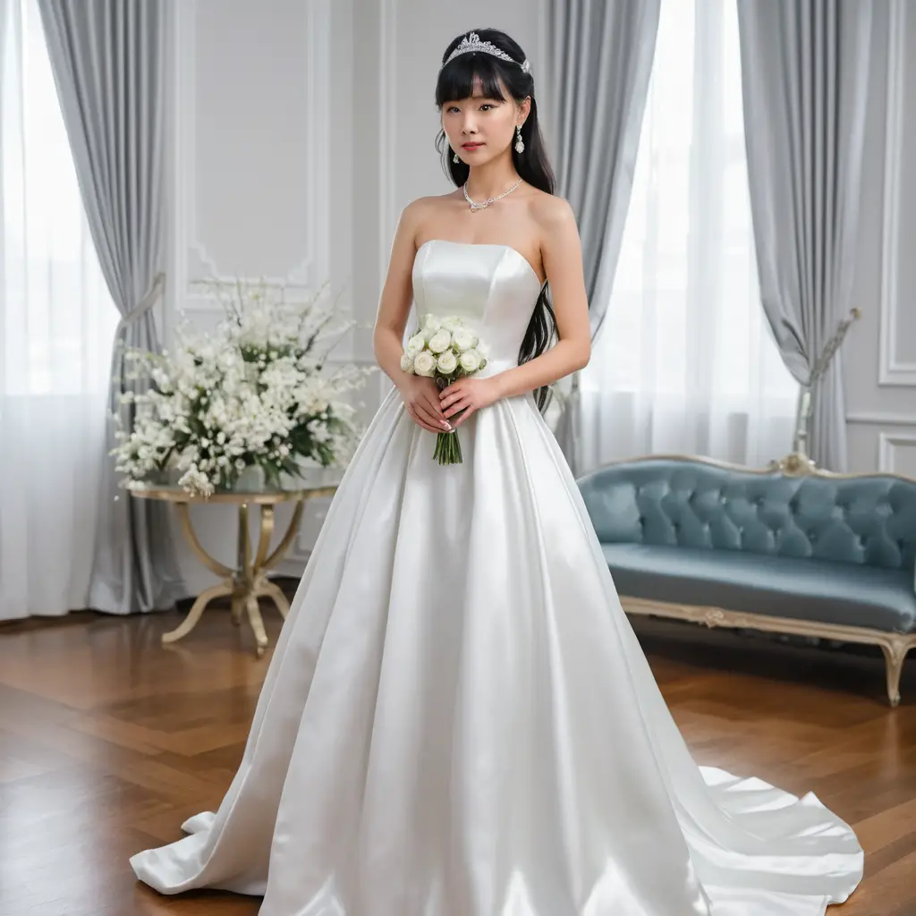 Elegant Japanese bride in white satin wedding gown