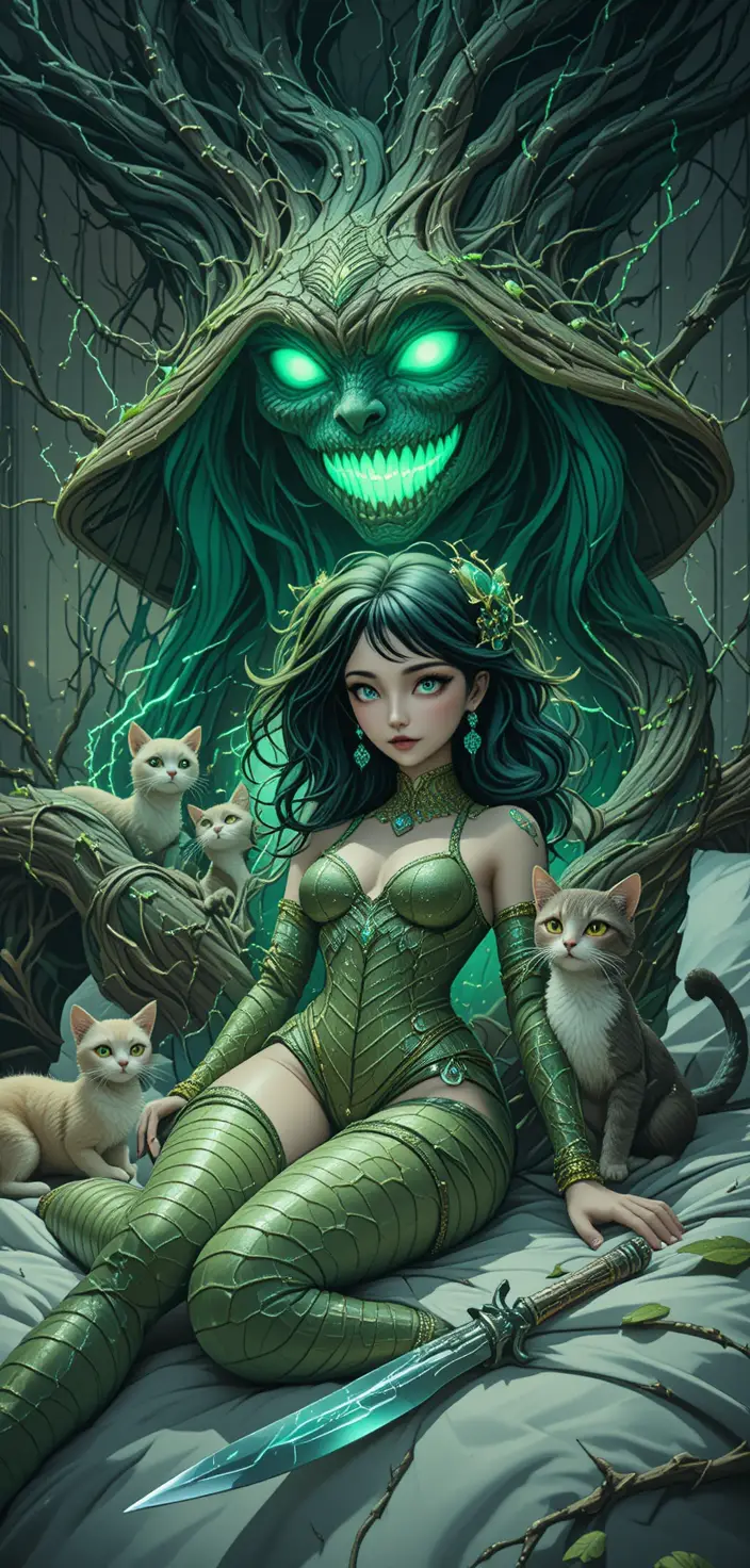 Fantasy woman with serpent spirit and crackling lightning