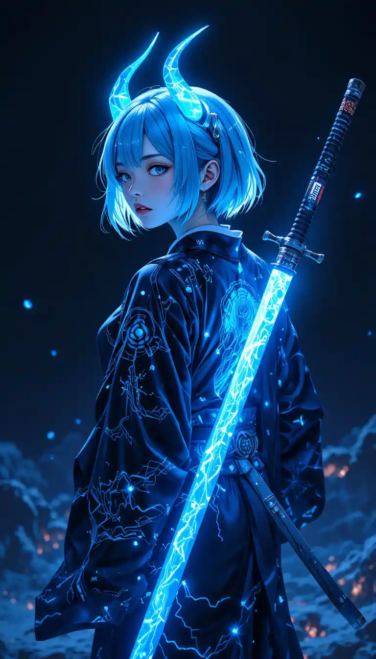 Cyber anime girl with glowing katana and electric blue gaze