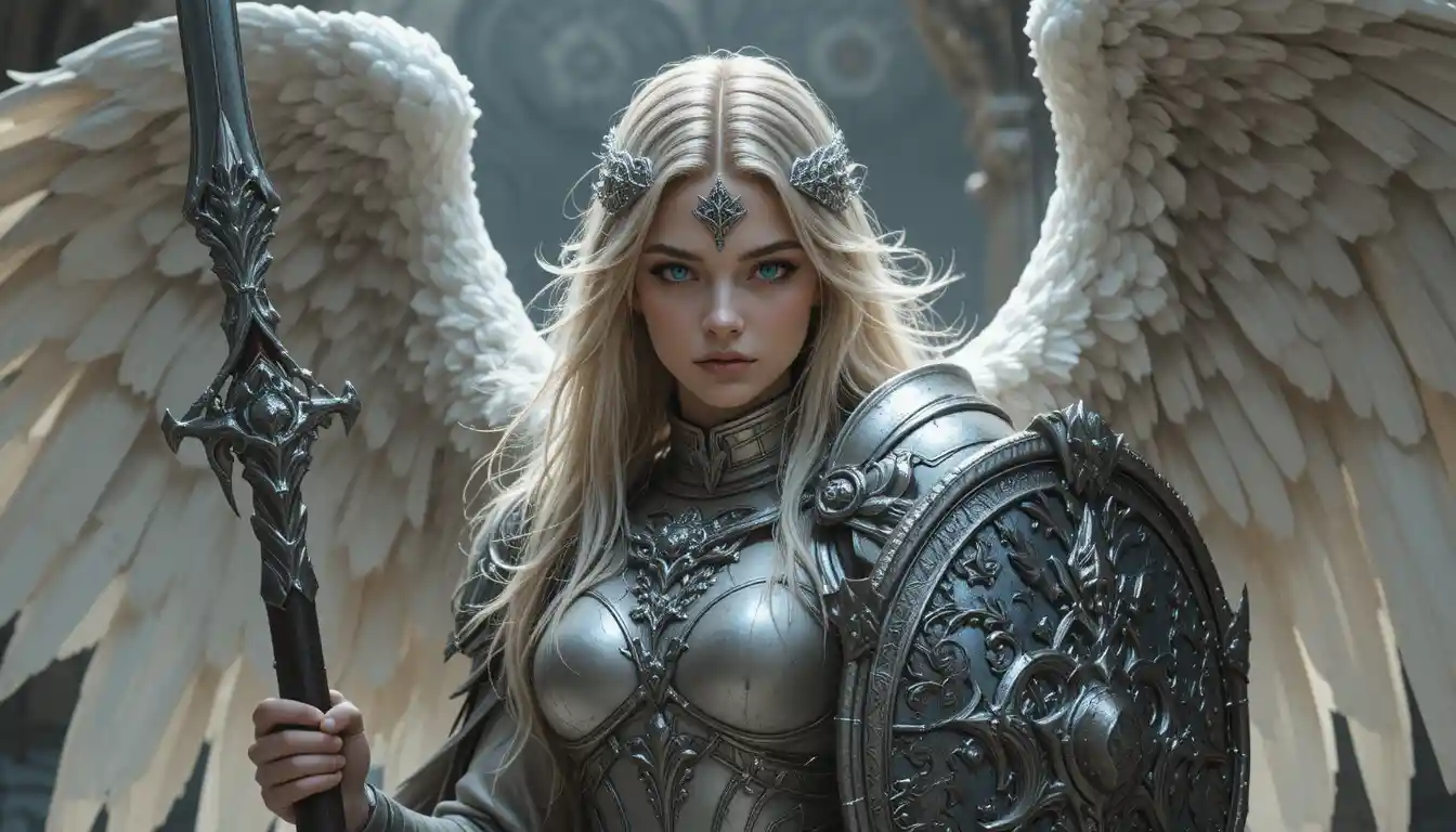 Blonde angelic cleric with mace and shield of justice