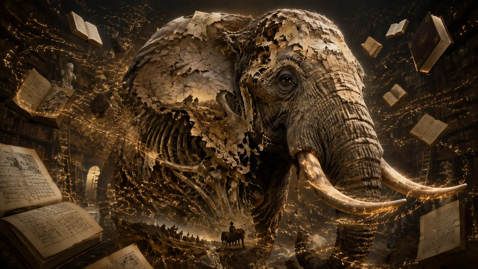 African elephant emerging from endless archival corridors