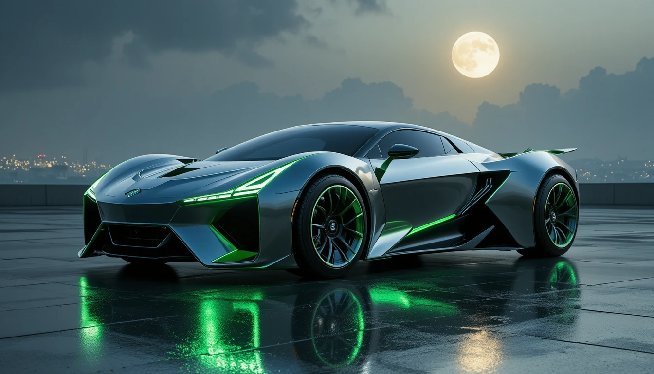 Futuristic silver car under a moonlit misty city sky