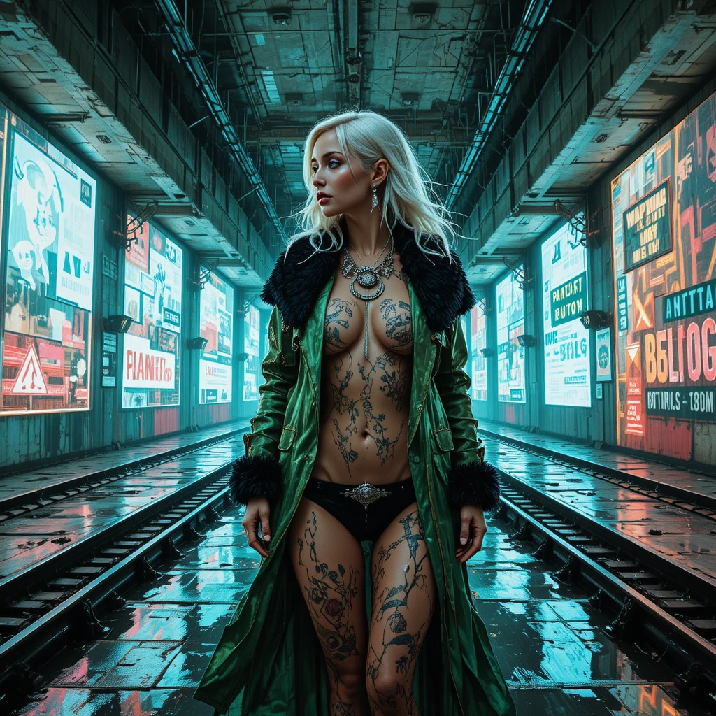 Cyberpunk Fashion Woman In Neon Glitch Cityscape