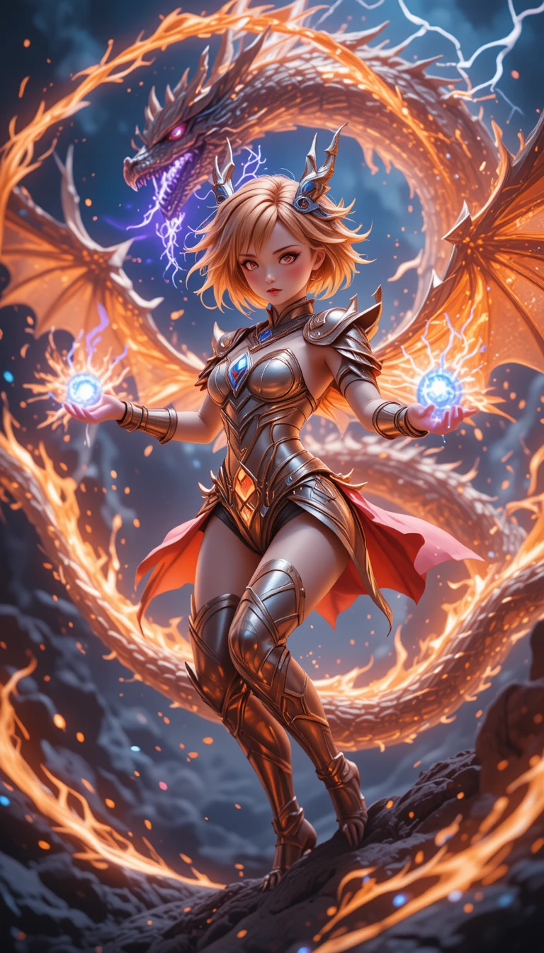 Fiery anime warrior woman with glowing wings in battle