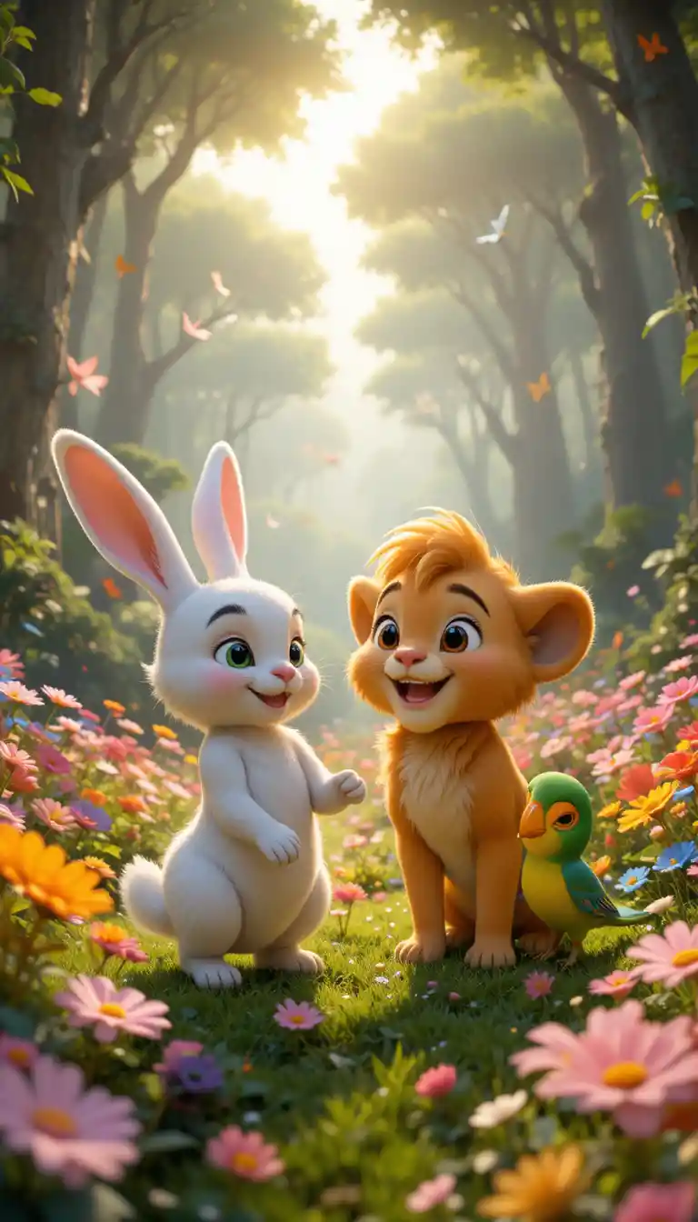 Cute forest animals playing in a magical rainbow woodland