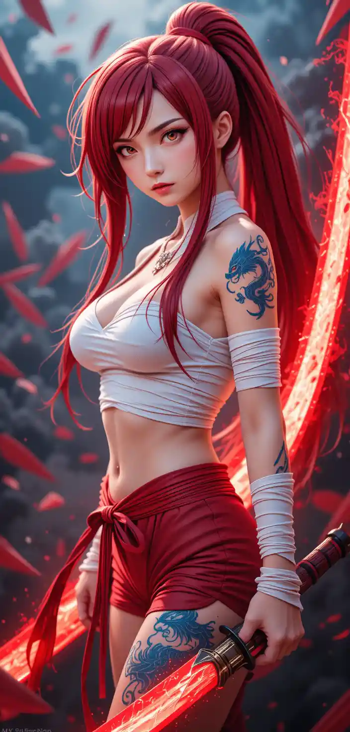 Anime warrior woman with bandaged chest and glowing blade
