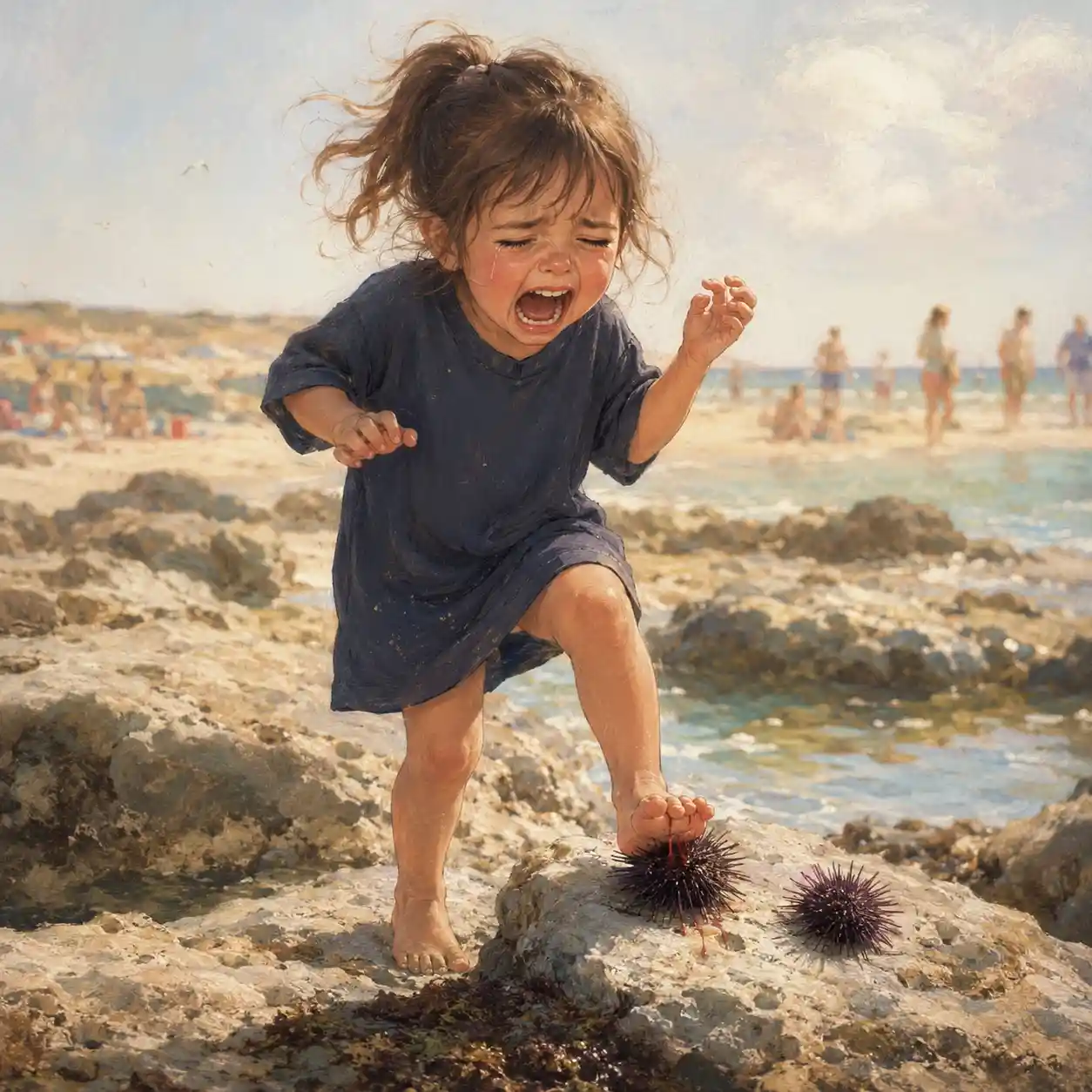 Crying girl on rocky beach stepping on sea urchin