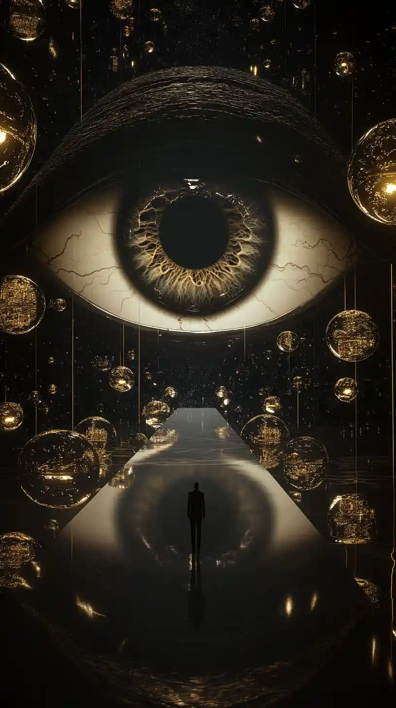 Colossal Floating Eye In Infinite Mirrored Chamber