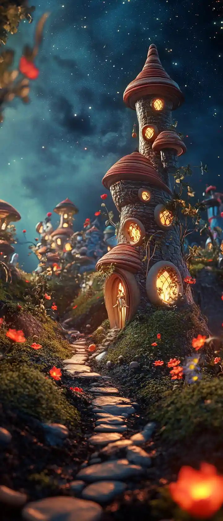 Bright surreal landscape with whimsical artistic details