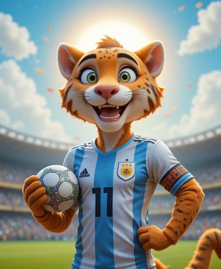 Argentine puma mascot in football jersey holding ball