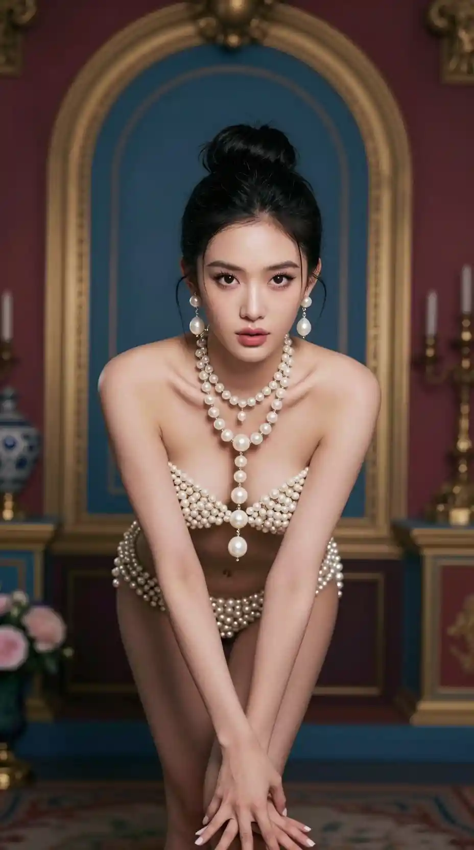 Asian woman with pearl body jewelry in art photography pose
