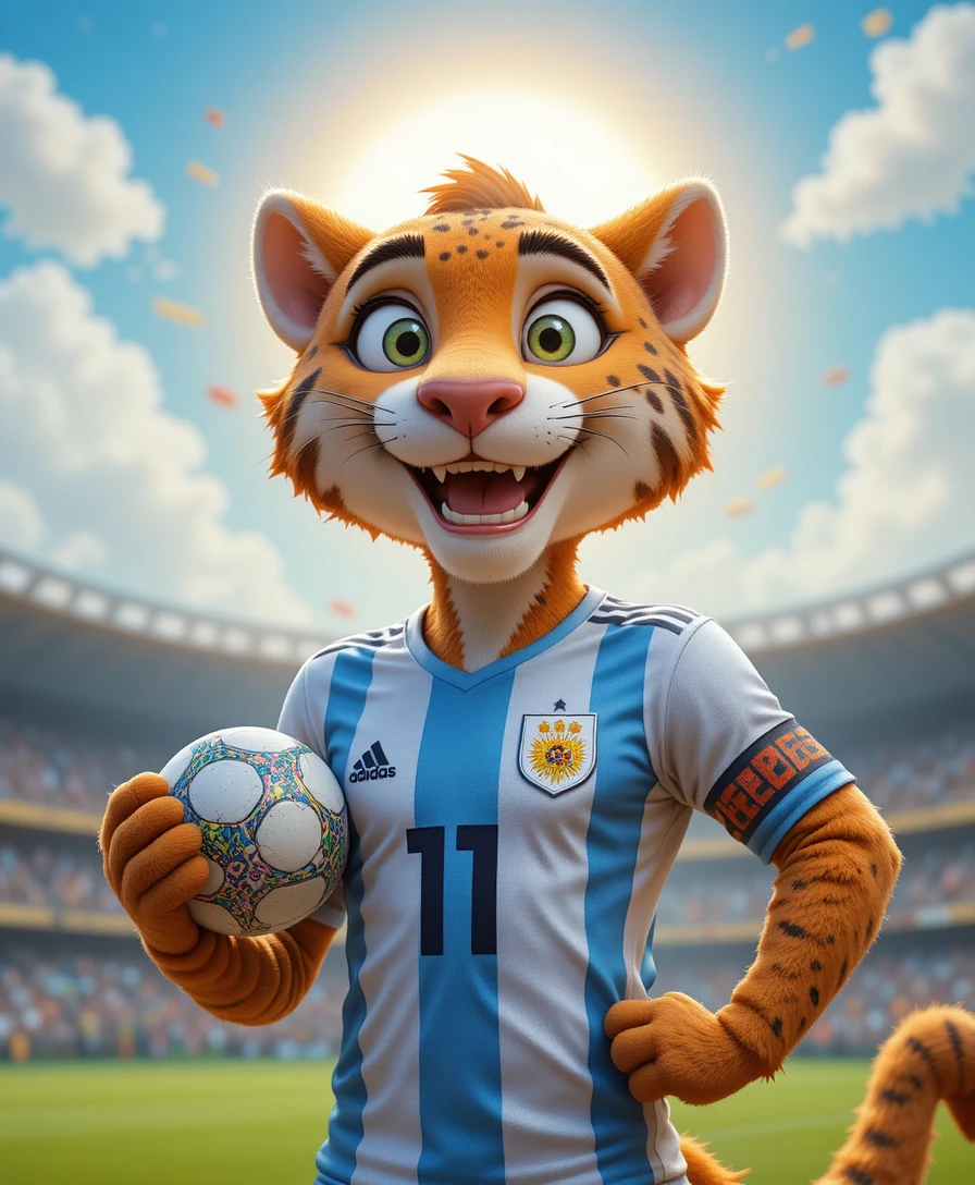 Argentine puma mascot in football jersey holding ball