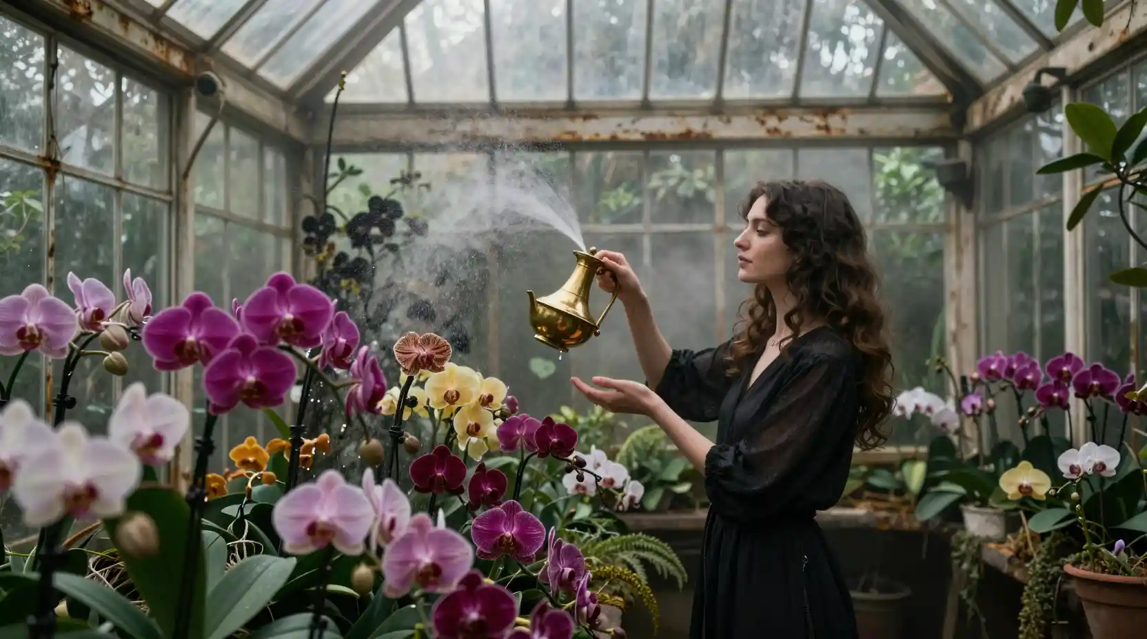 Elegant woman misting orchids in a victorian glass greenhouse