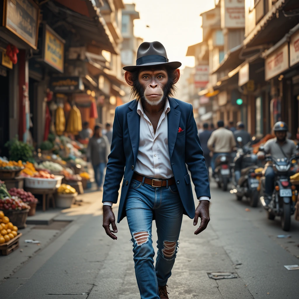 Stylish monkey walking through an Indian street market