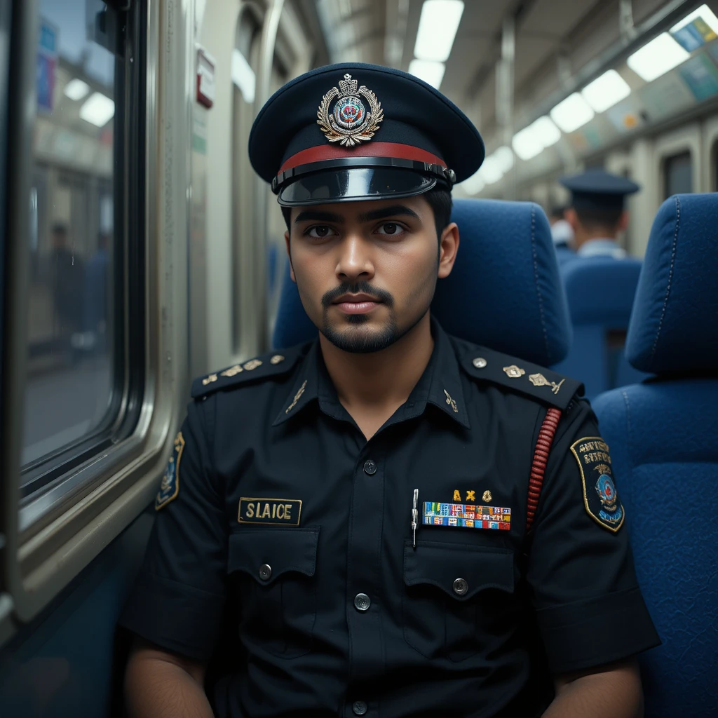 Young police officer in black uniform sitting on train seat