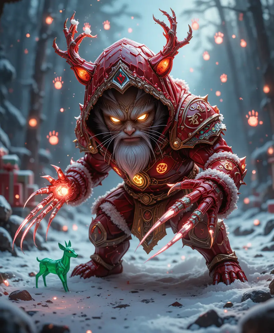 Kristall-Tigerkatzenkrieger in runenbedeckter Santa-Rüstung