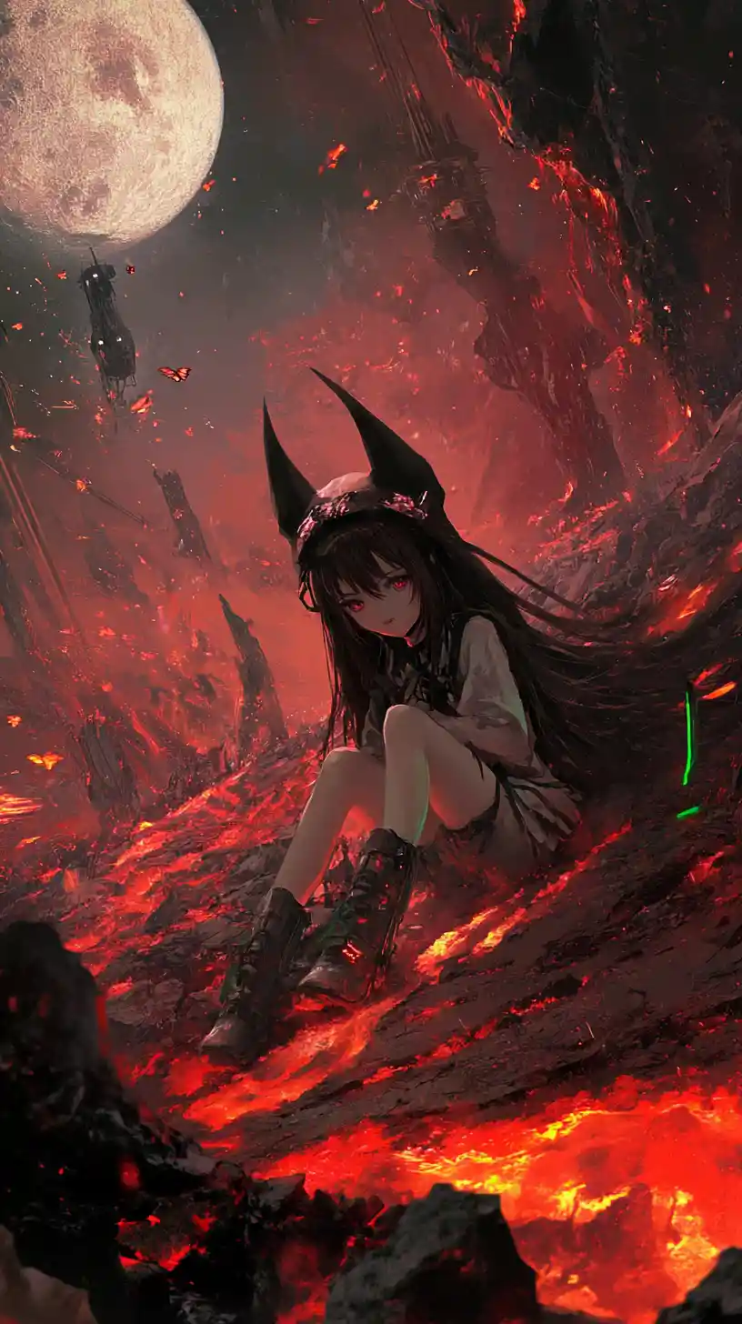 Anime girl lying in lava under a red sky and moon