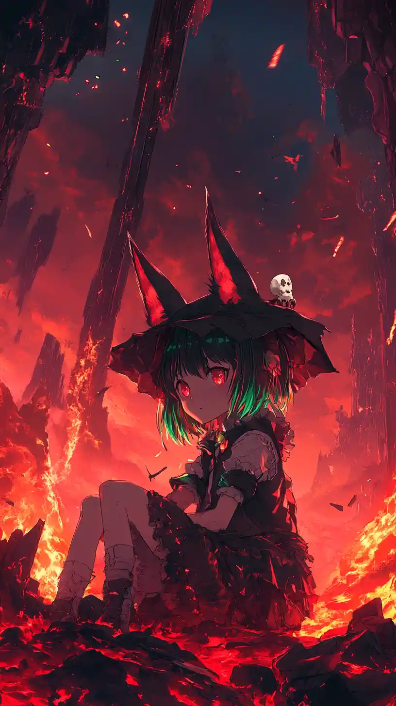 Anime girl lying in molten lava under a red sky