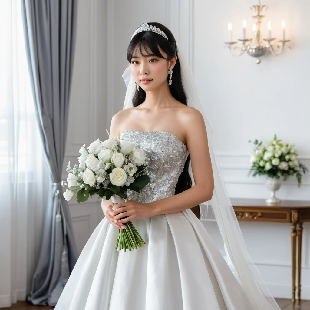 Elegante sposa giapponese in abito da sposa di raso bianco