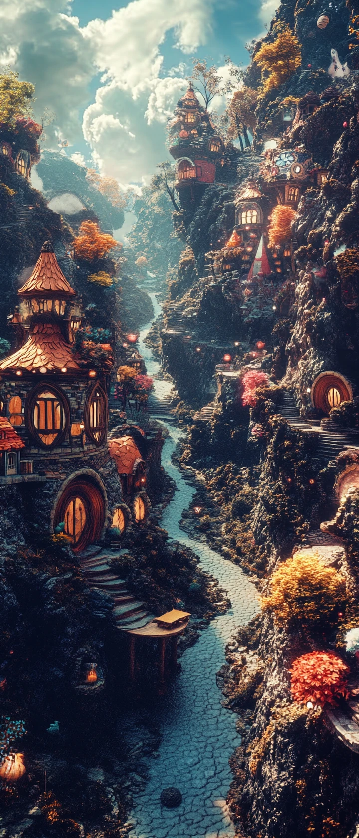 Cheerful surreal landscape in bright vibrant colors