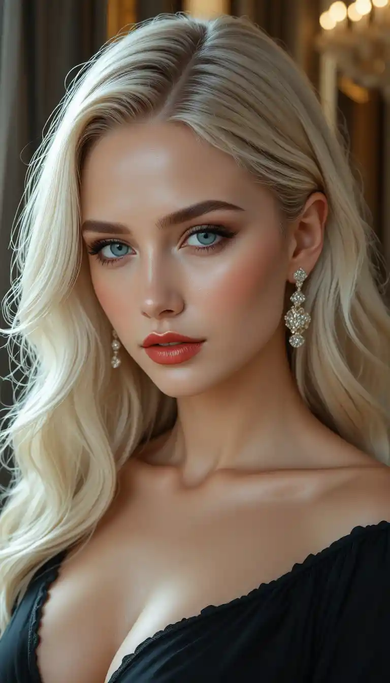 Elegant blonde woman in black evening gown portrait