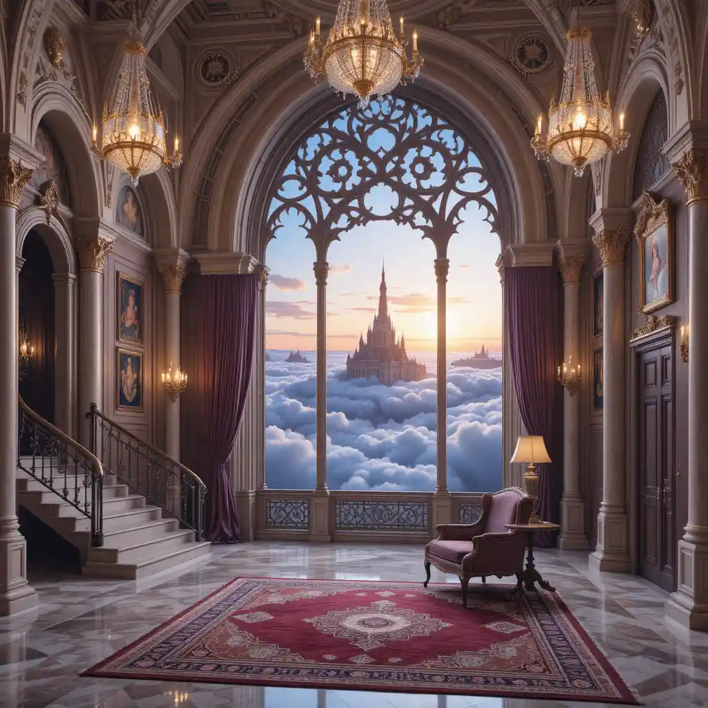 Majestic palace hall with gothic columns and chandeliers