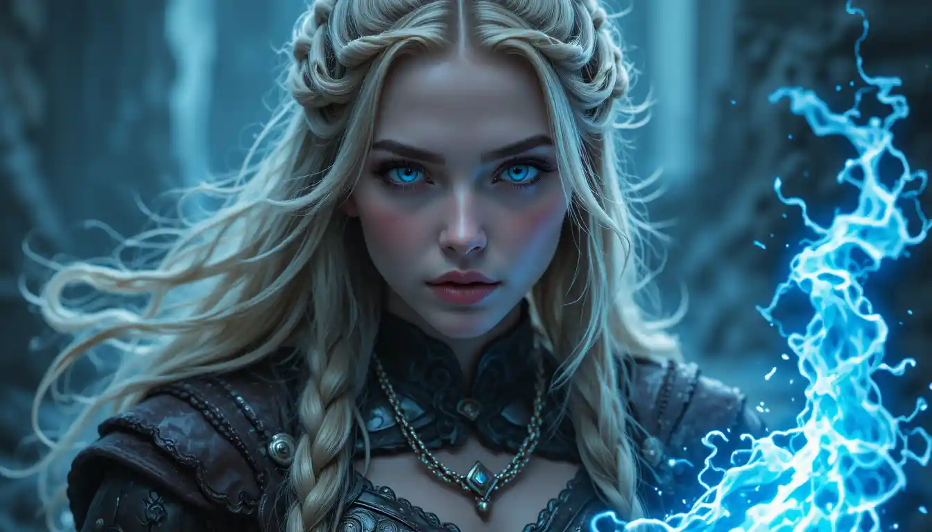 Viking sorceress with braided blonde hair and storm magic