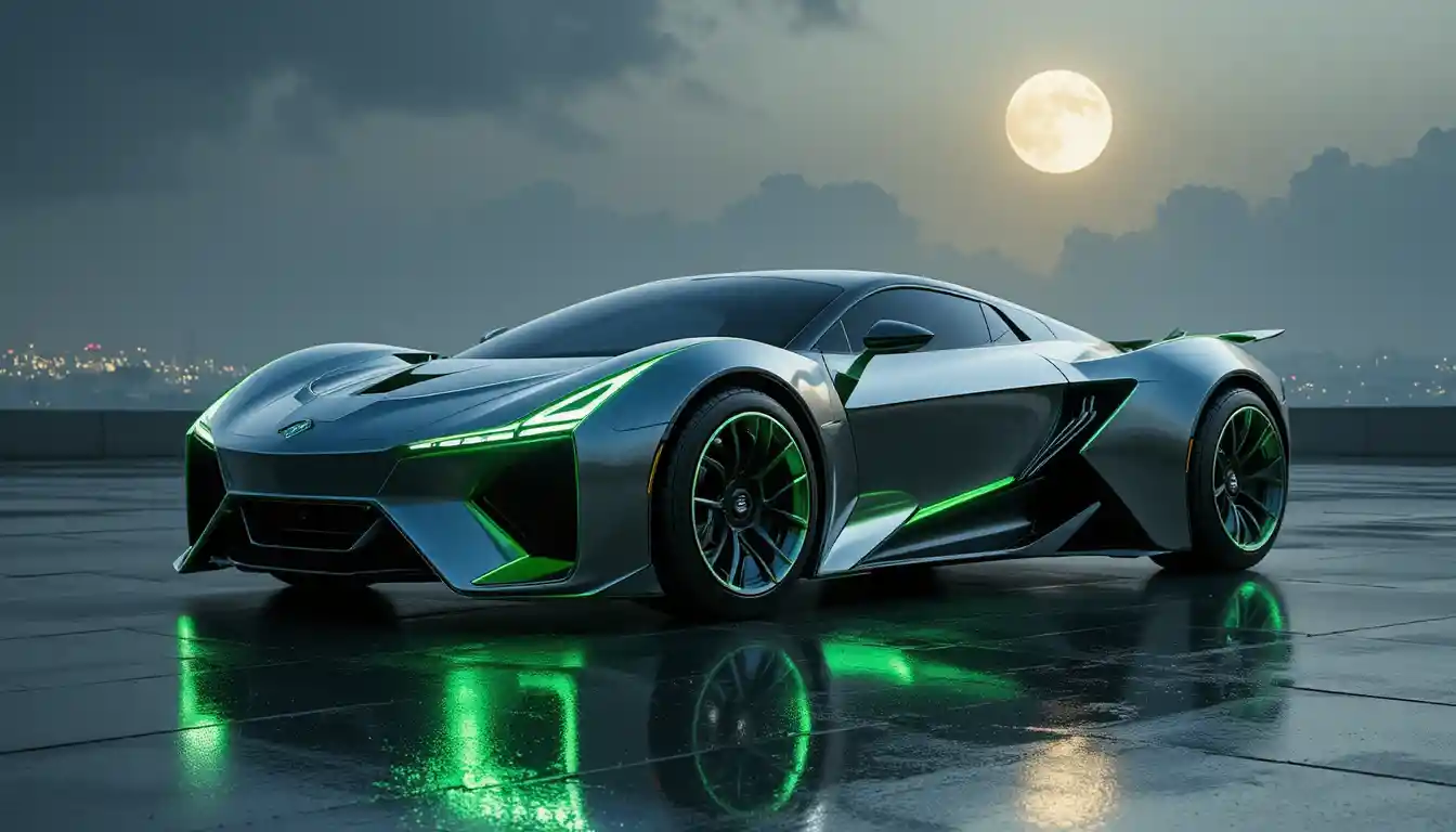 Futuristic silver car under a moonlit misty city sky