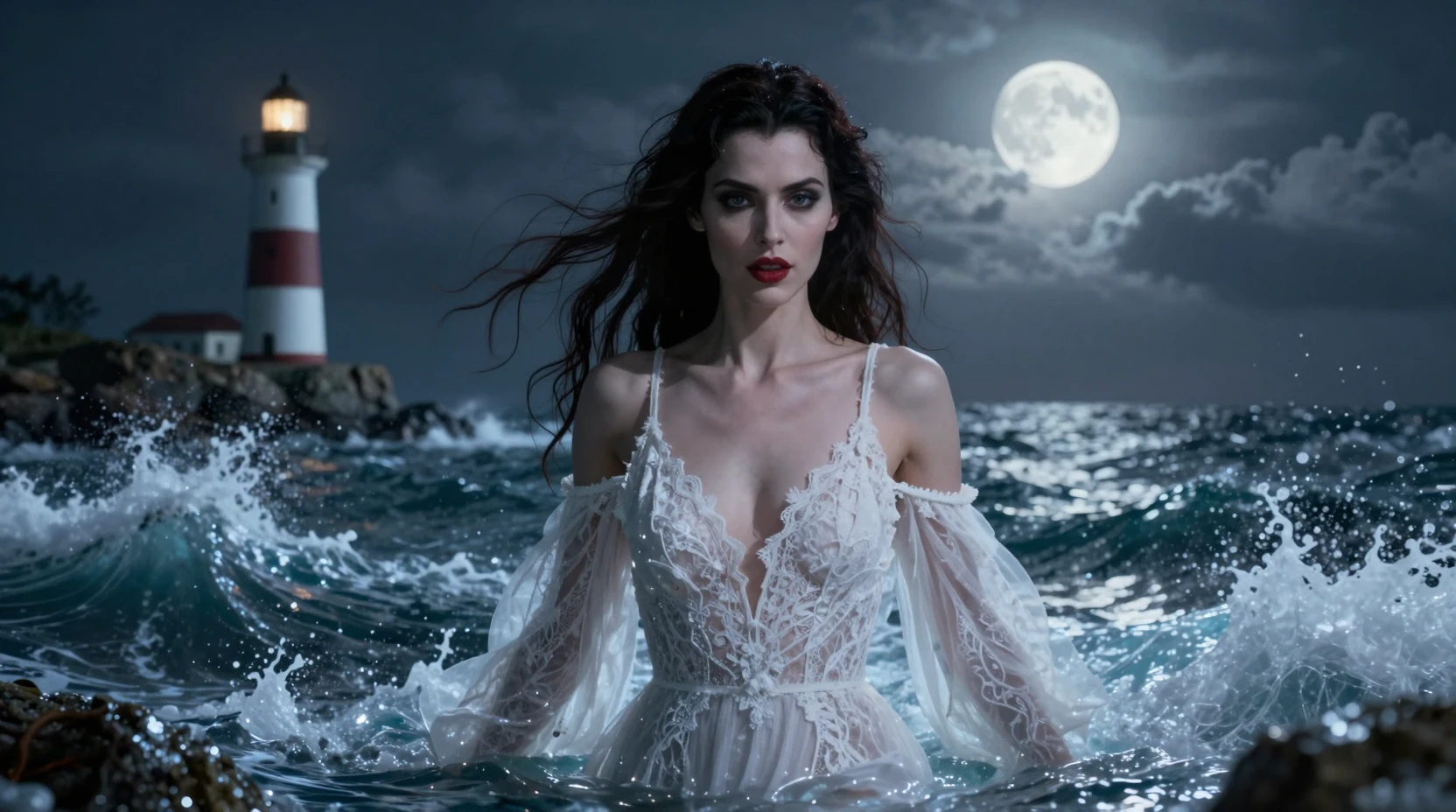 Vampire woman rising from moonlit ocean waves