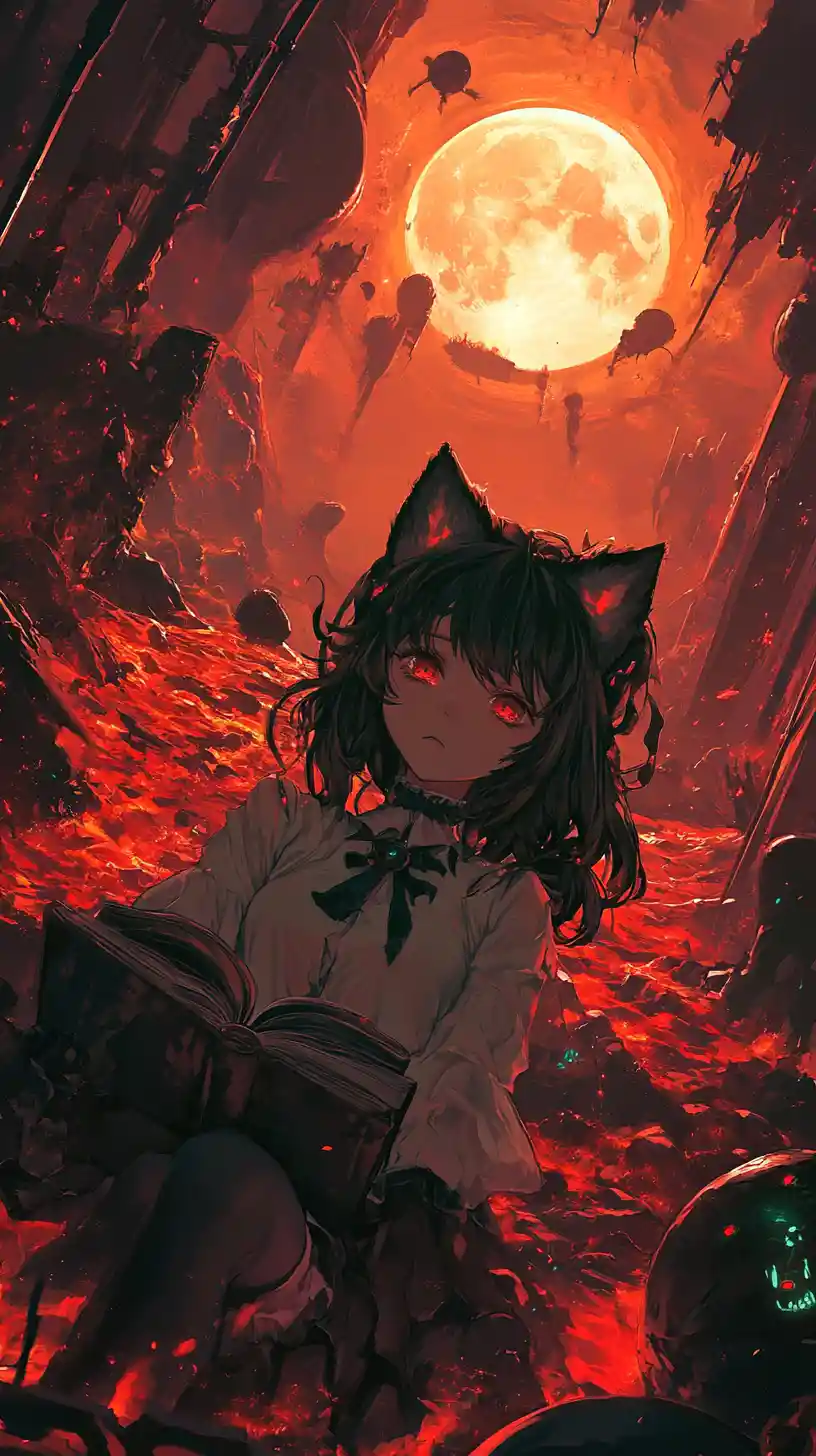 Anime girl lying in lava under a red sky and moon