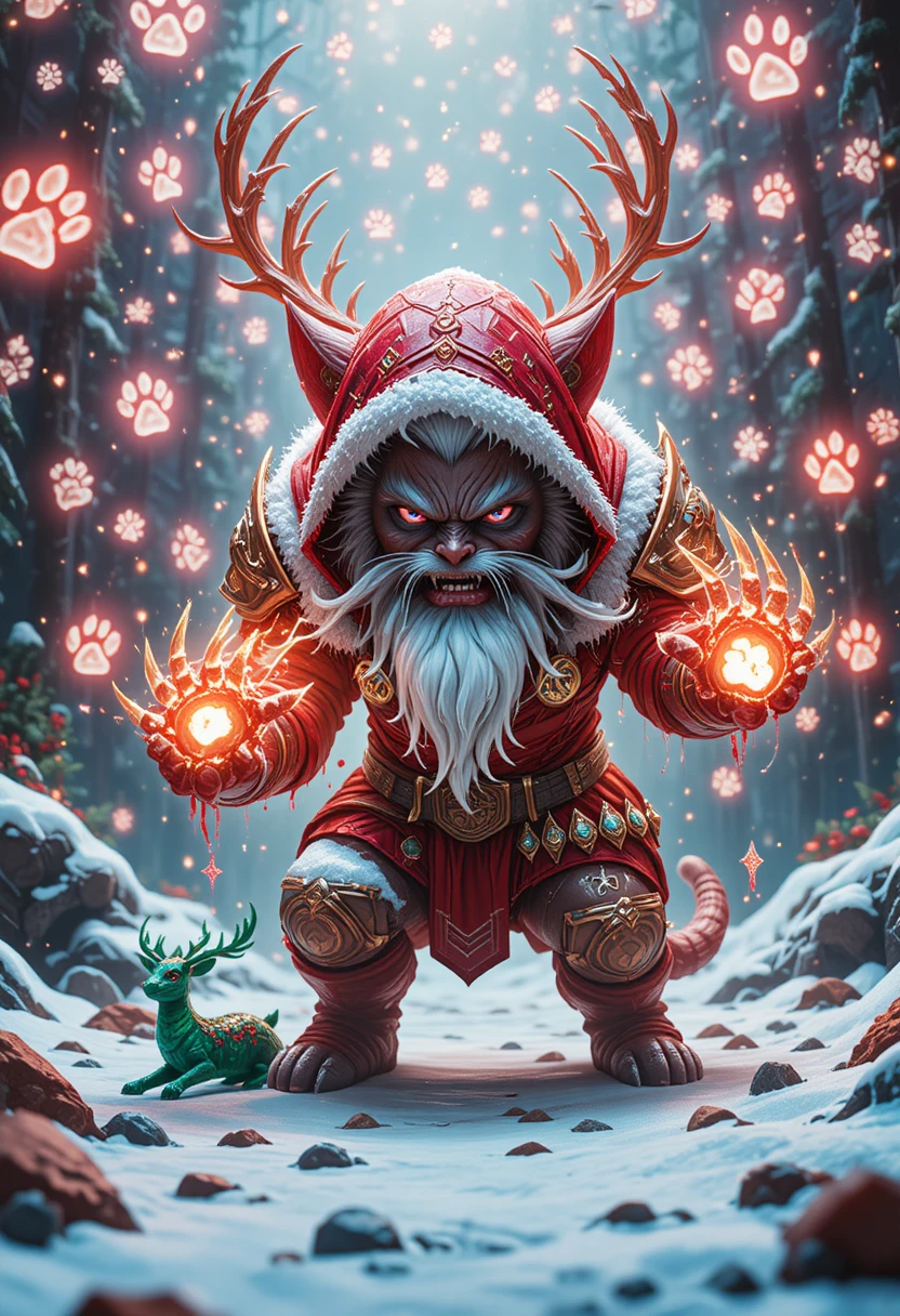 Crystal tabby cat warrior with glowing runes and antlers