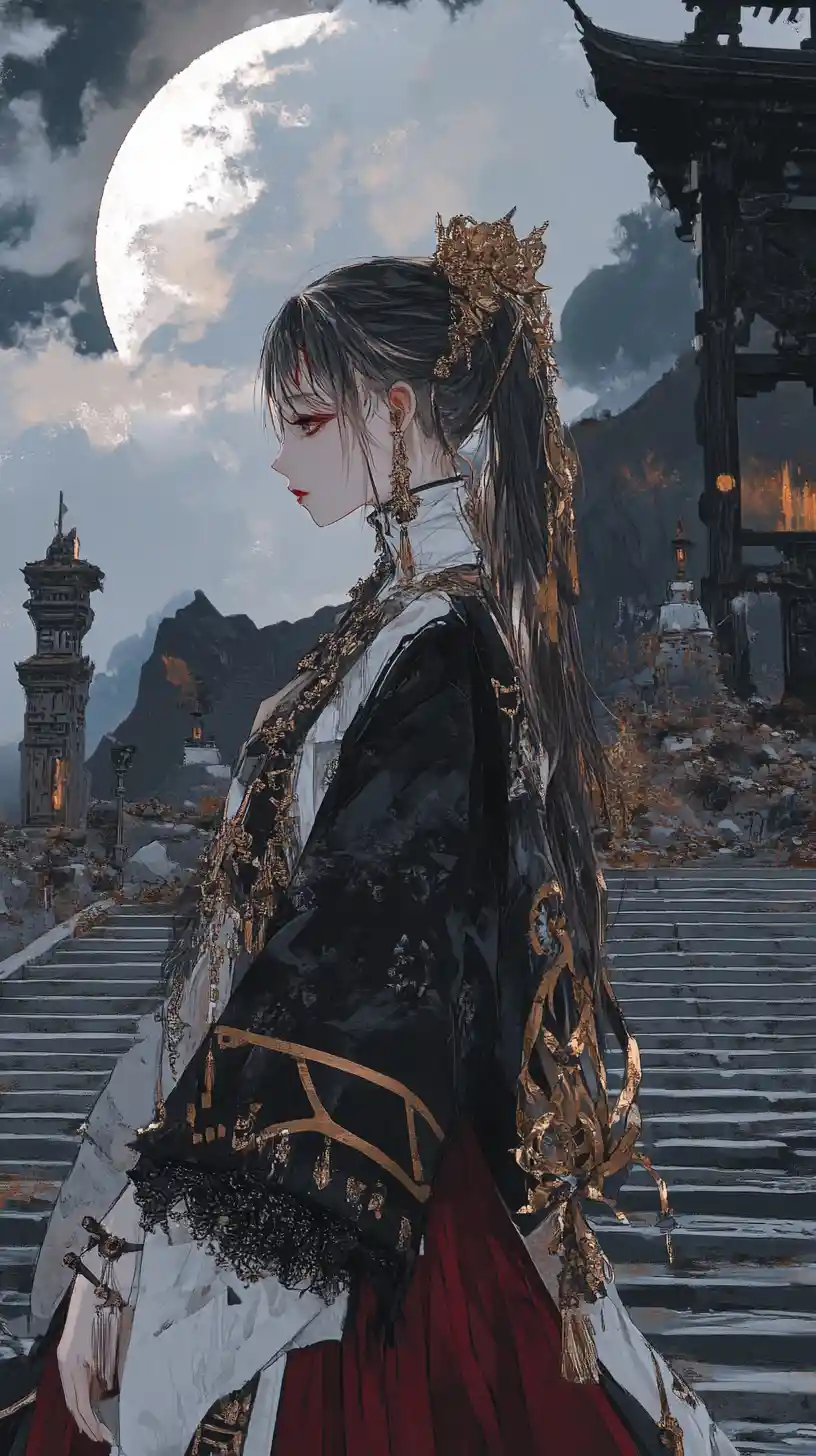 Girl climbing stone steps in a dark ghostly dreamland