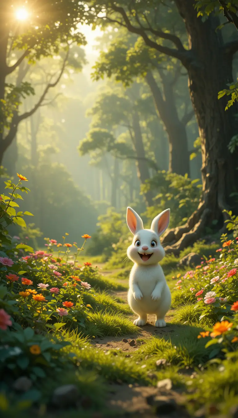 Cute white rabbit in a lush magical forest