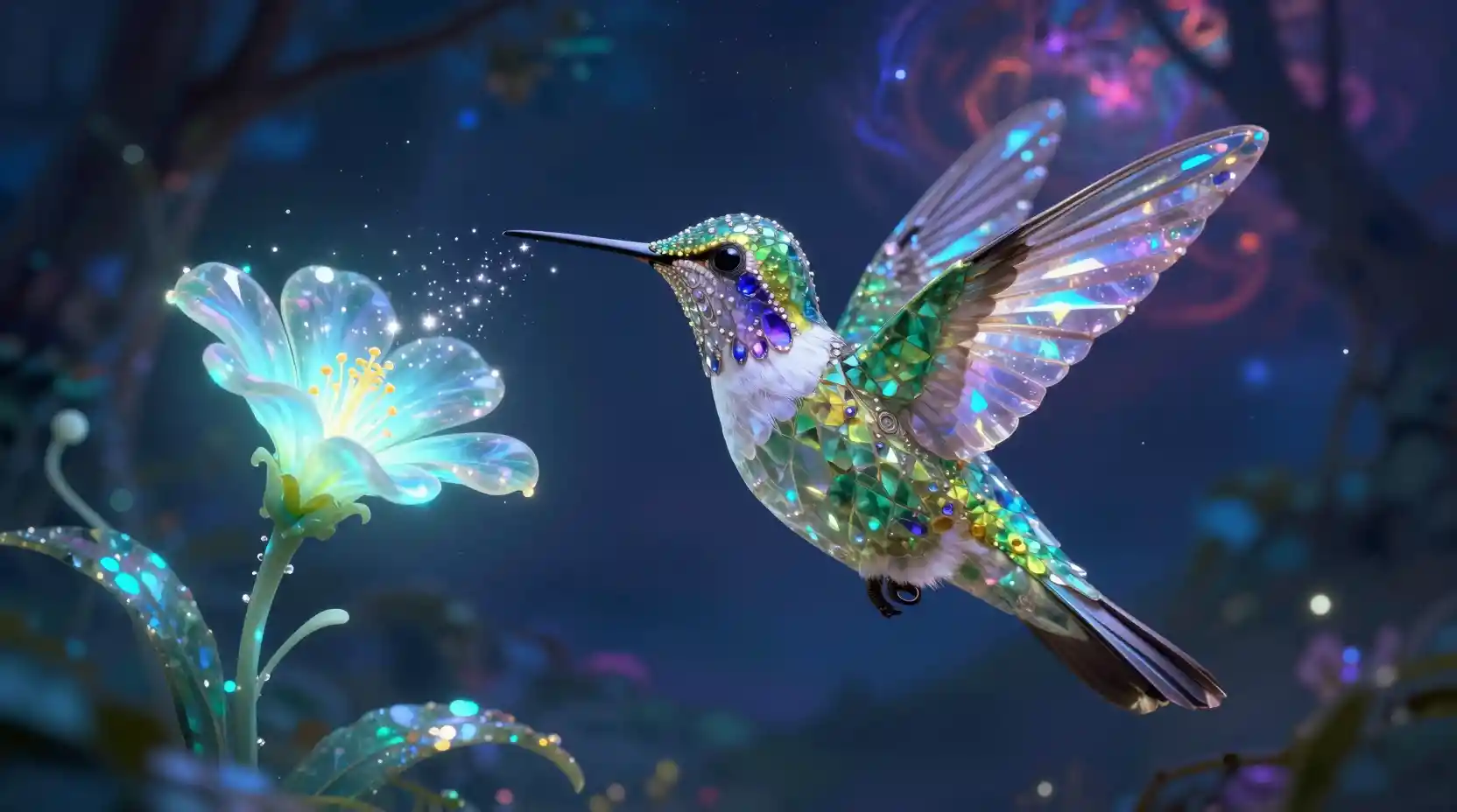 Mythical Jade Hummingbird In An Enchanted Midnight Forest