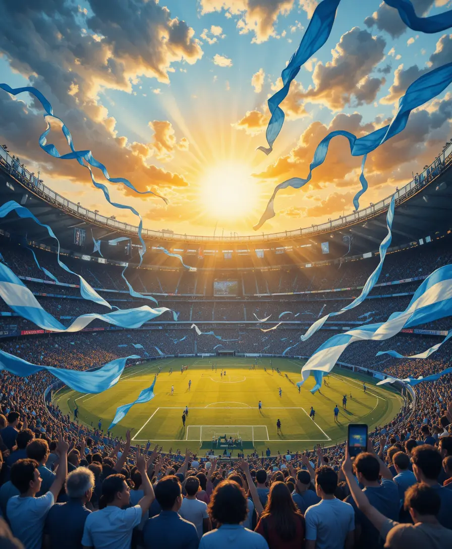 Argentina football celebration under sunset in a vibrant stadium
