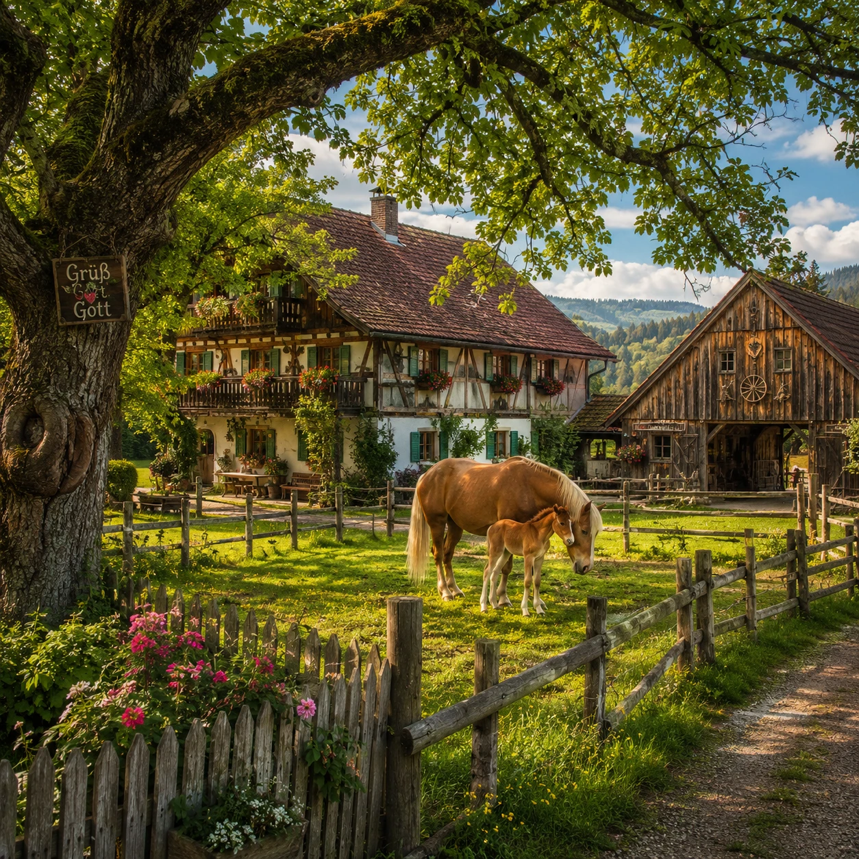 Caballo y potro junto a una casa de campo alemana rústica