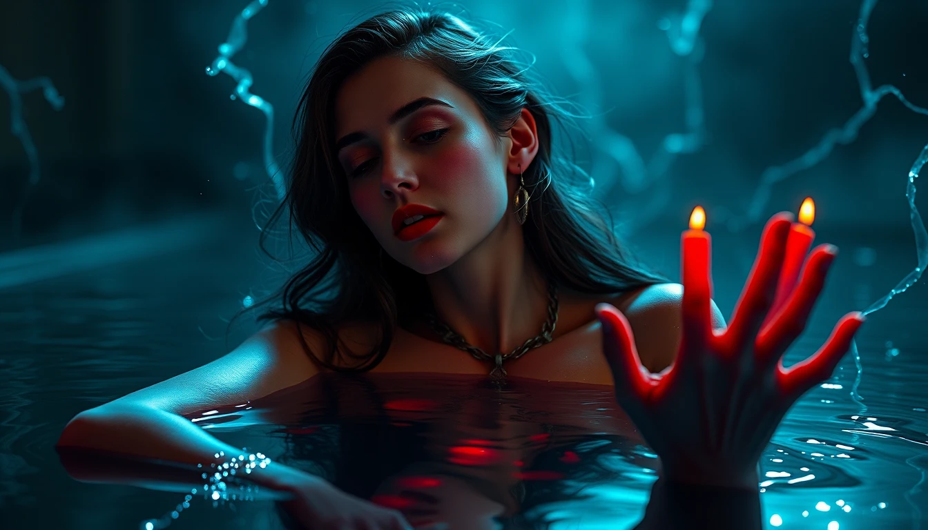 Ethereal woman reflected in a chaotic dreamlike liquid world
