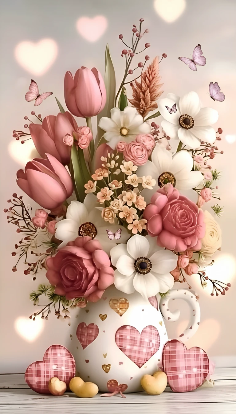 Romantic flower bouquet with butterflies and heart decor