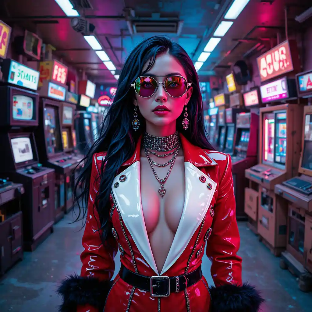 Cyberpunk fashion woman in retro neon arcade