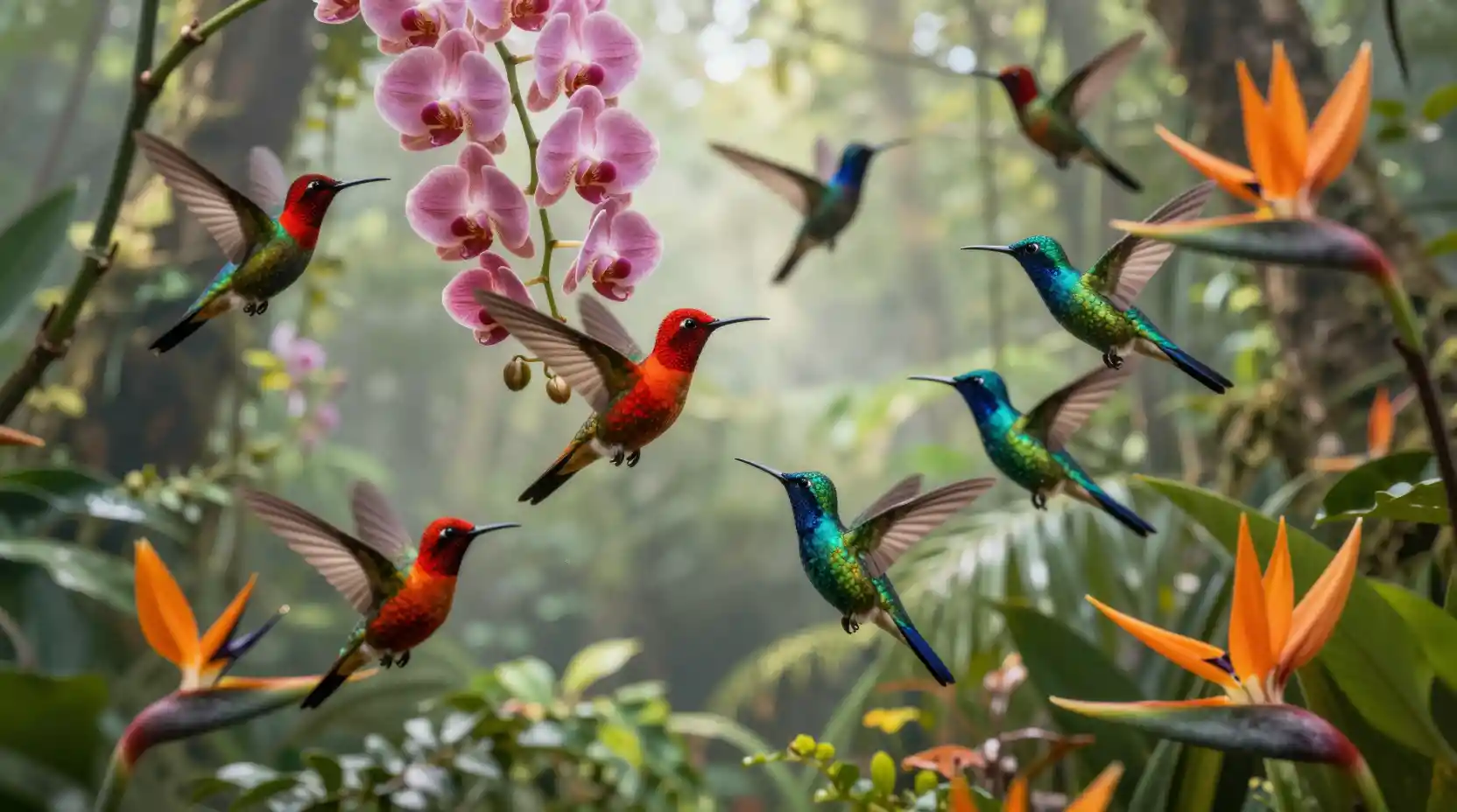 Colorful hummingbirds dancing through a misty jungle