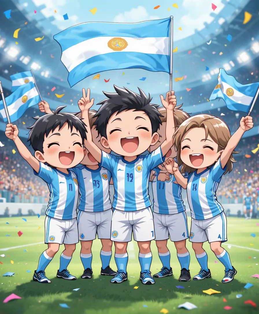 Cute chibi Argentina football team celebrating together