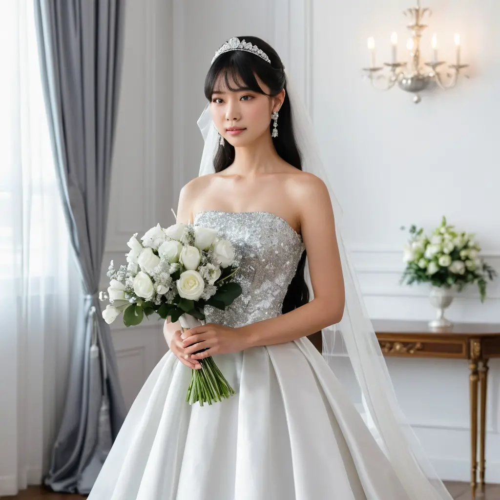 Elegant Japanese bride in white satin wedding gown